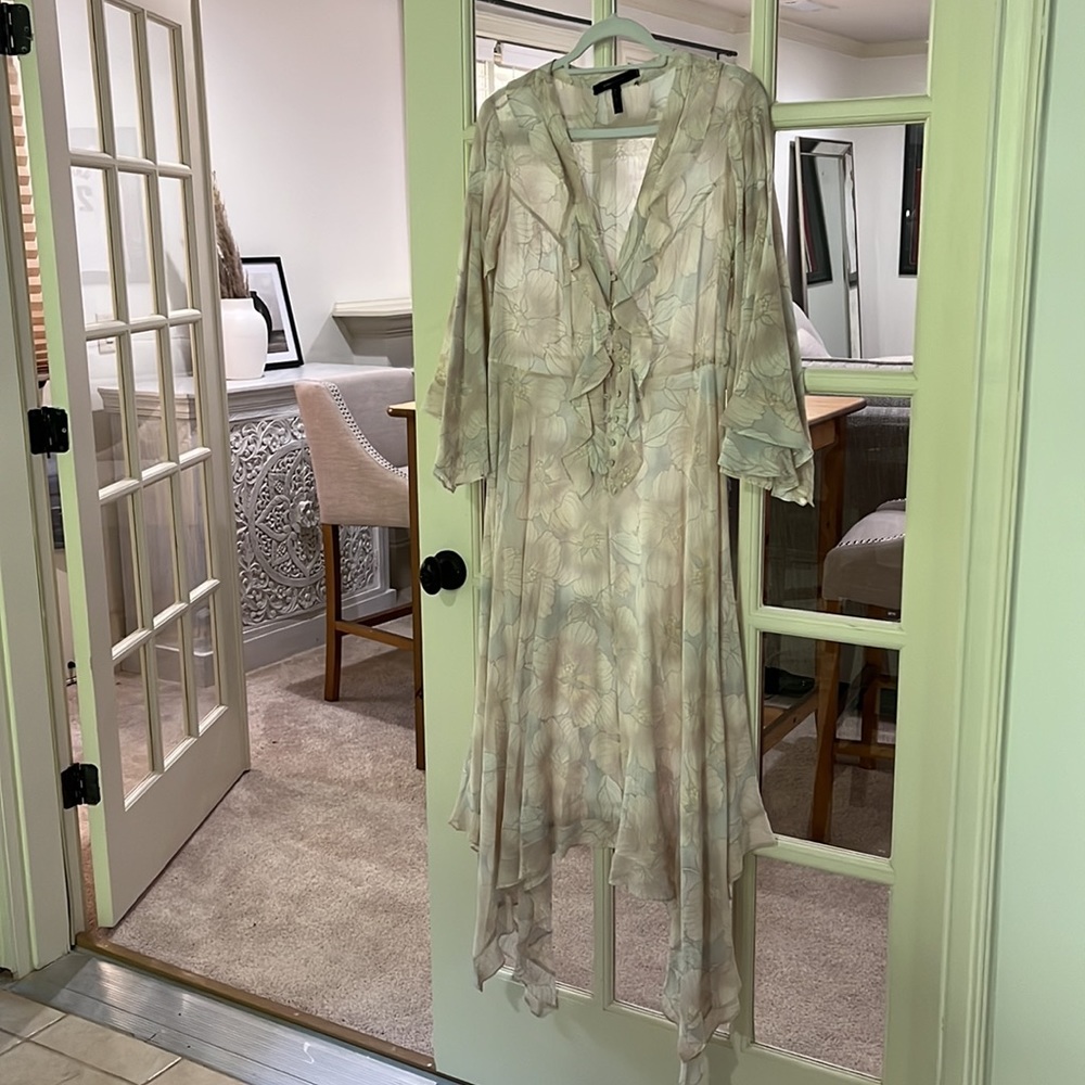 BCBG max Azria long abstract hem muted, floral cream button up dress